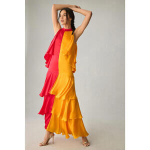 Anthropologie x Pinnacle - Colorblock Ruffled Maxi Dress Red & Orange, Size XS